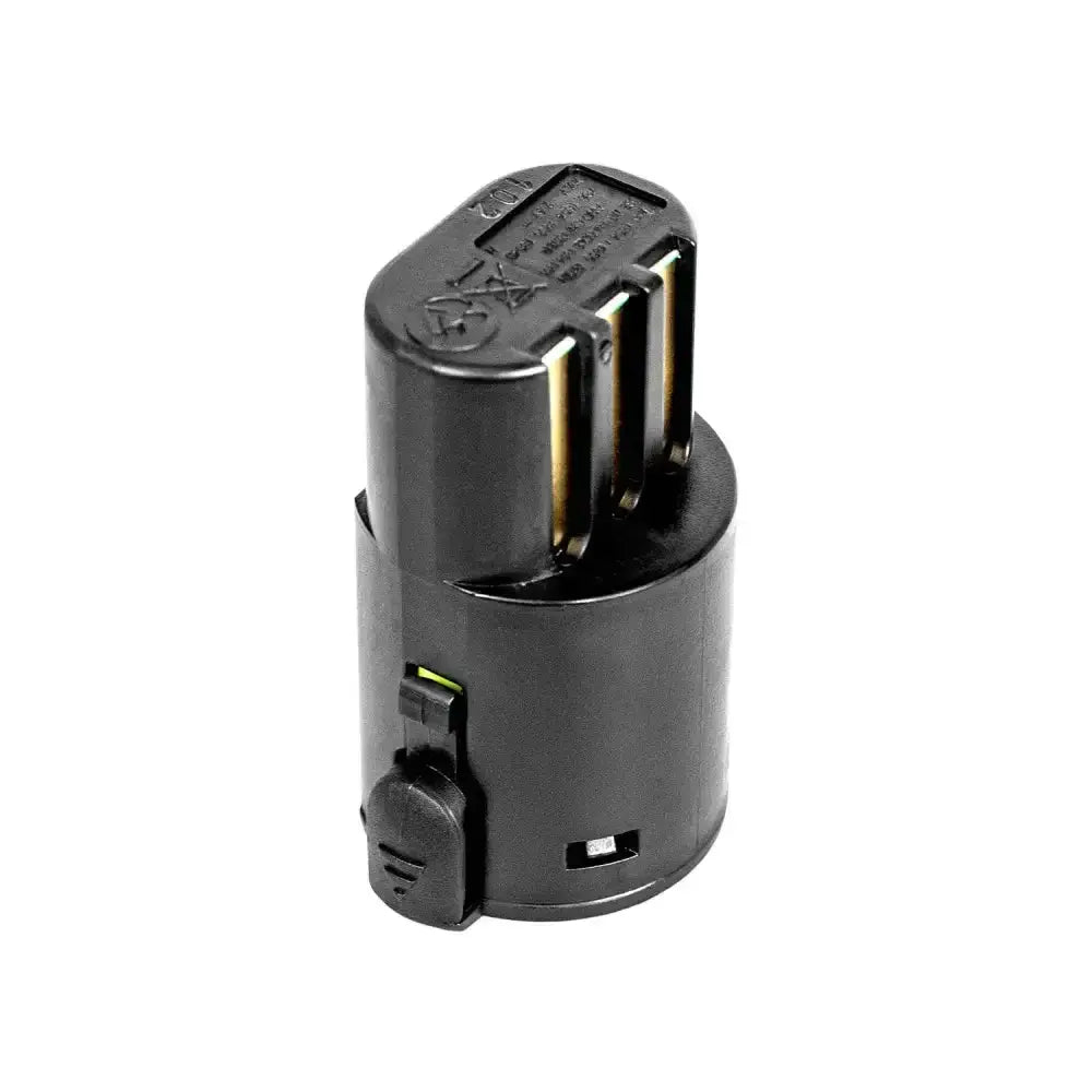 Black cylindrical wahl arco spare battery with gold contacts and green indicator light for arco devices