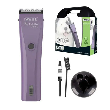 Purple wahl bravura pet cordless clipper kit with sleek ergonomic design and visible battery indicator for grooming pets