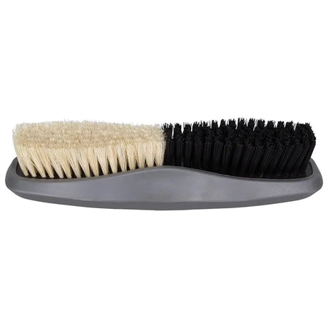 Gray dual-sided wahl combo show brush with innovative combination bristle featuring dense white and black half stiff bristles