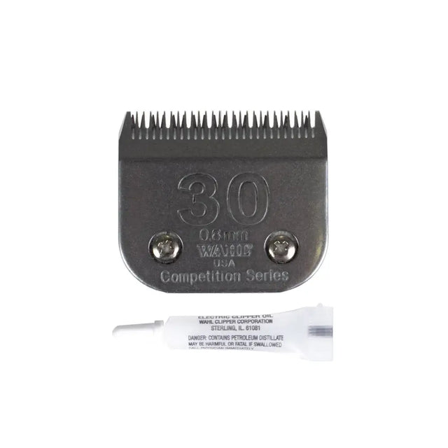 Black metal wahl competition clipper blade 30mm with two silver screws and white lubricating oil tube below it
