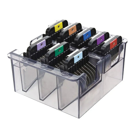 Clear plastic wahl competition comb set organizer holding colorful guide comb hair clipper attachments