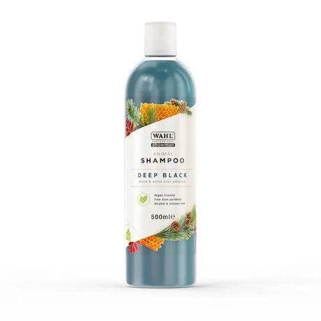 A sleek translucent teal bottle of wahl deep black shampoo with a perfectly balanced formula for showman animal care