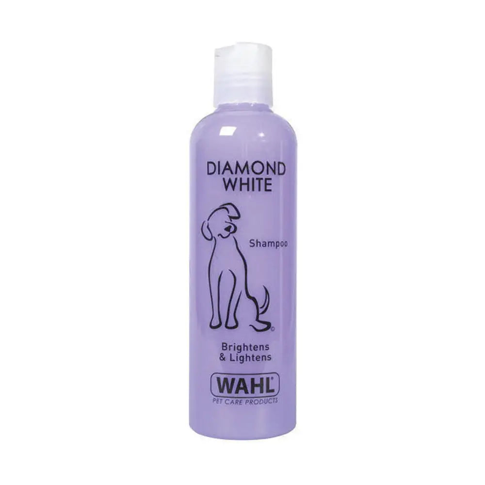 Lavender plastic bottle of wahl diamond white pet shampoo with white cap and black line art illustration for dogs