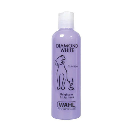 Lavender plastic bottle of wahl diamond white pet shampoo with white cap and black line art illustration for dogs