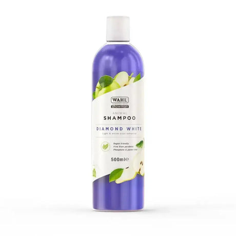 Purple plastic bottle of wahl diamond white shampoo 500ml with perfectly balanced formula for animals