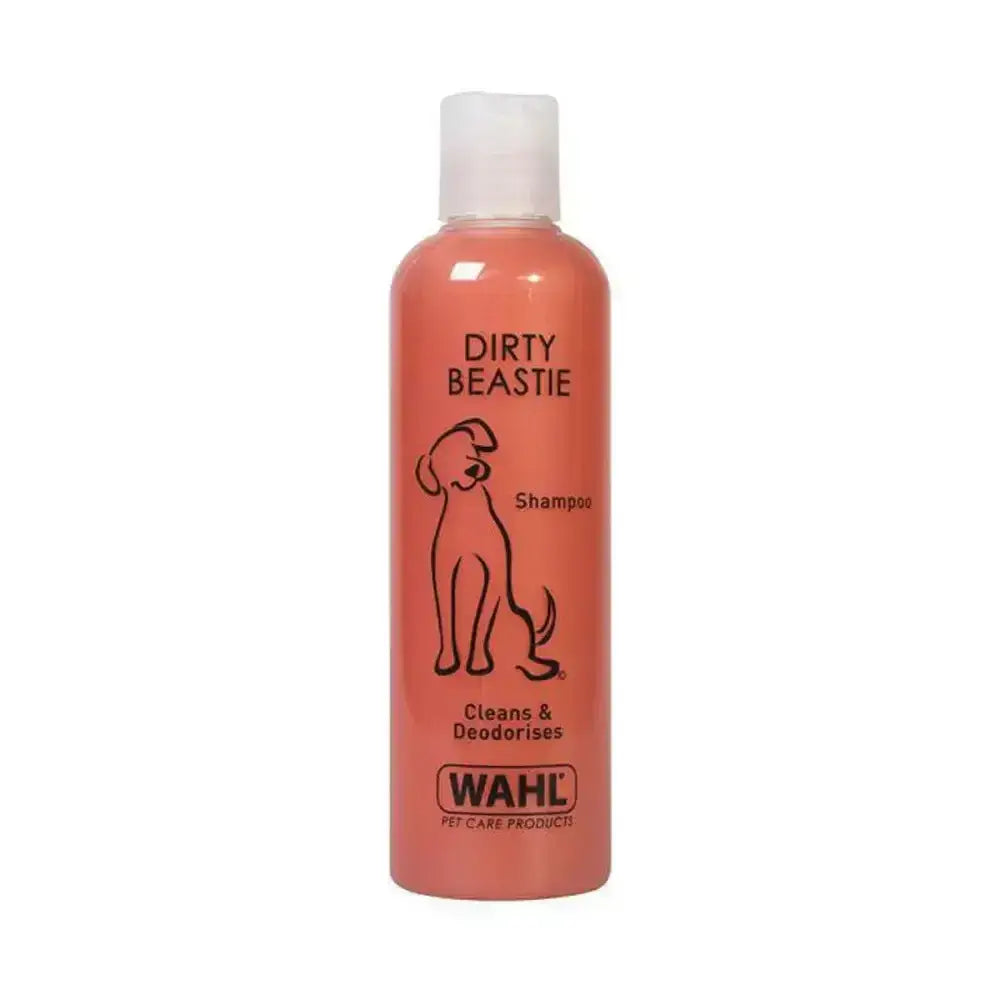 Orangish-pink plastic bottle of wahl dirty beastie pet shampoo with white cap and black line-art illustration