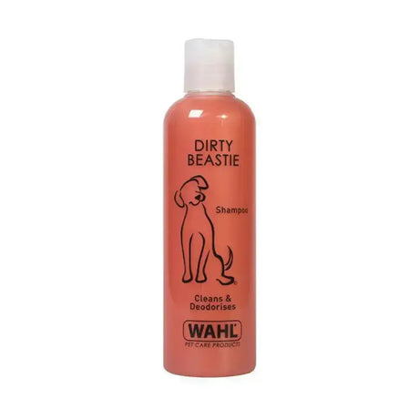 Orangish-pink plastic bottle of wahl dirty beastie pet shampoo with white cap and black line-art illustration
