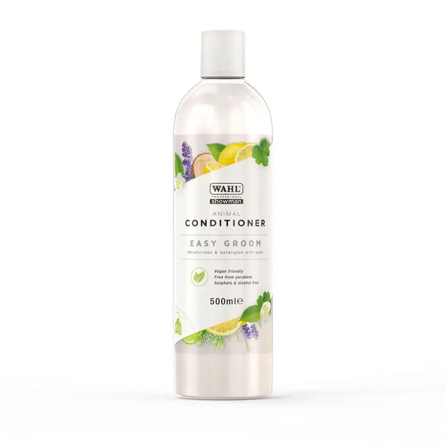 Clear plastic bottle of wahl easy groom animal conditioner 500ml with white cap and lemon lavender mint label
