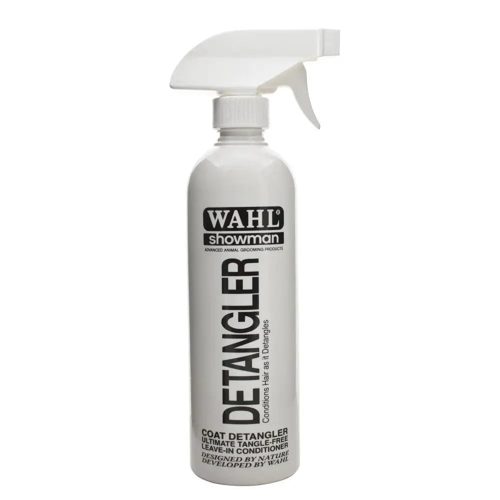 White spray bottle of wahl easy groom professional strength de-matting spray showing easy groom detangler label