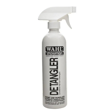 White spray bottle of wahl easy groom professional strength de-matting spray showing easy groom detangler label