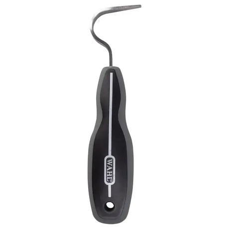 Black wahl hoof pick with curved metal tip and ergonomic grip featuring a non-slip finish for easy horse grooming combs use
