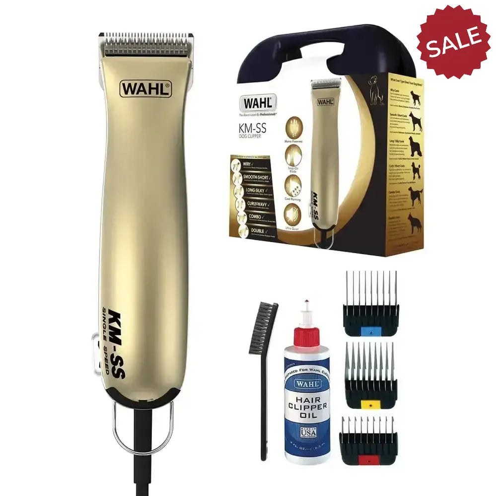 Gold-colored wahl km-ss mains operated clipper with black accents and ergonomic design heavy duty dog clipper