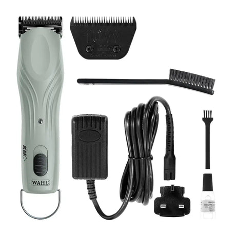 Light gray wahl kmc+ equine corded clipper kit with black comb attachment and accessories for easy grooming
