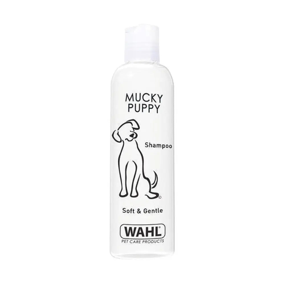 White plastic bottle of wahl mucky puppy gentle shampoo with black line art and soft and gentle text