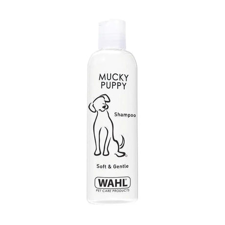 White plastic bottle of wahl mucky puppy gentle shampoo with black line art and soft and gentle text