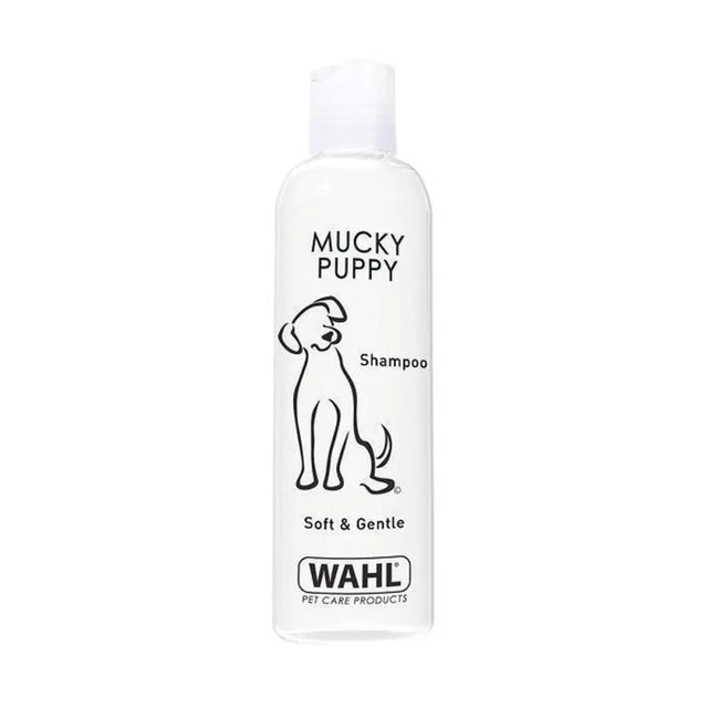 White plastic bottle of wahl mucky puppy gentle shampoo with black line art and soft and gentle text