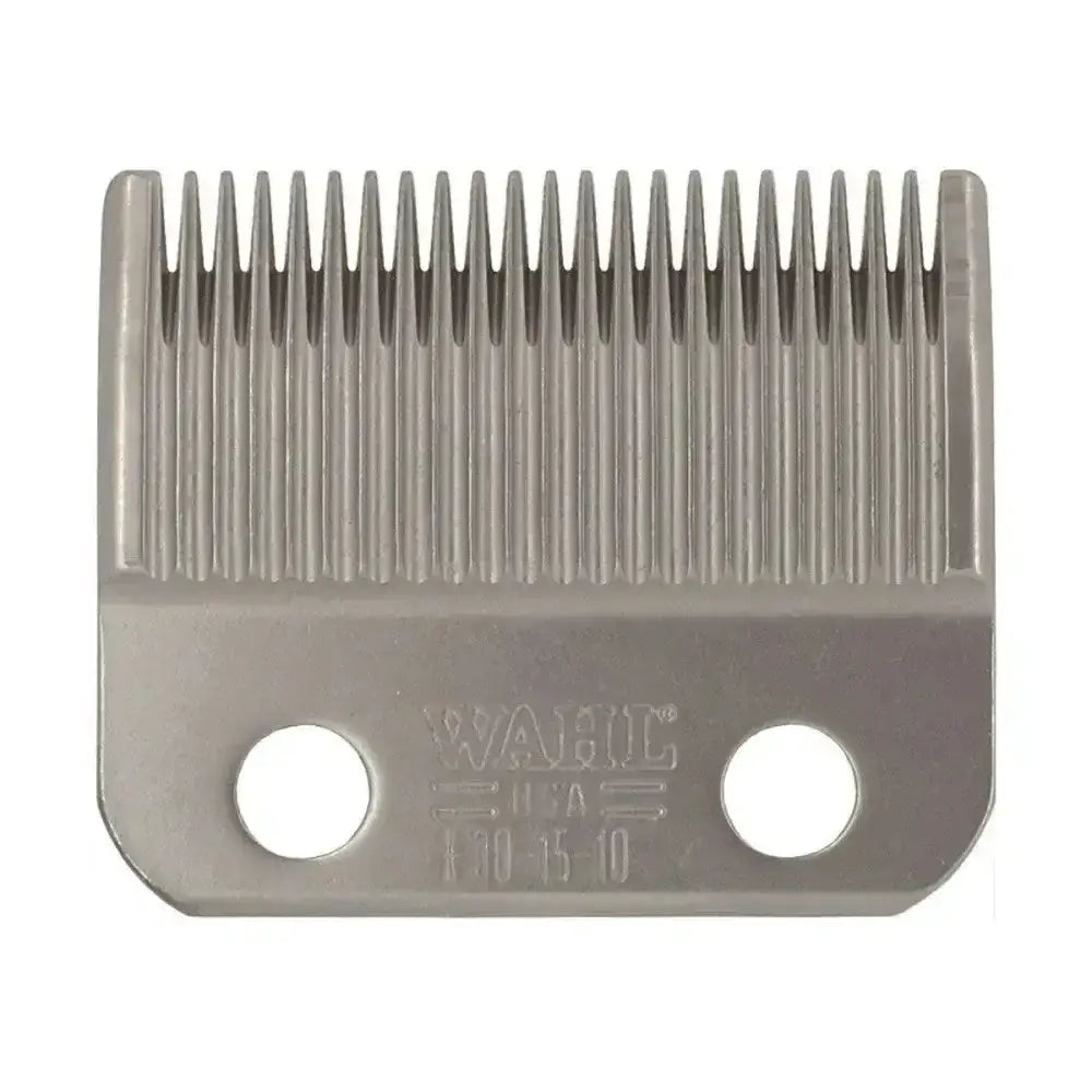 Silver metallic wahl multi-cut dog clipper comb with evenly spaced teeth and two mounting holes for dog clipper blades