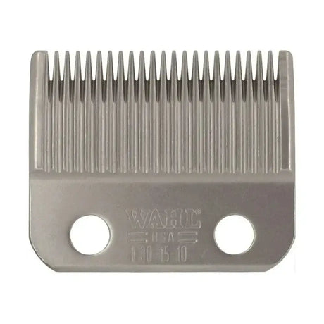 Silver metallic wahl multi-cut dog clipper comb with evenly spaced teeth and two mounting holes for dog clipper blades