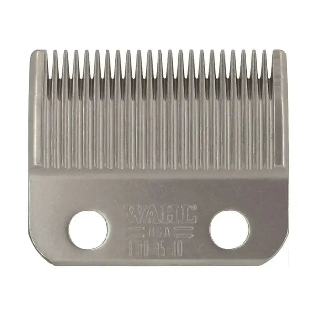 Silver metallic wahl multi-cut dog clipper comb with evenly spaced teeth and two mounting holes for dog clipper blades