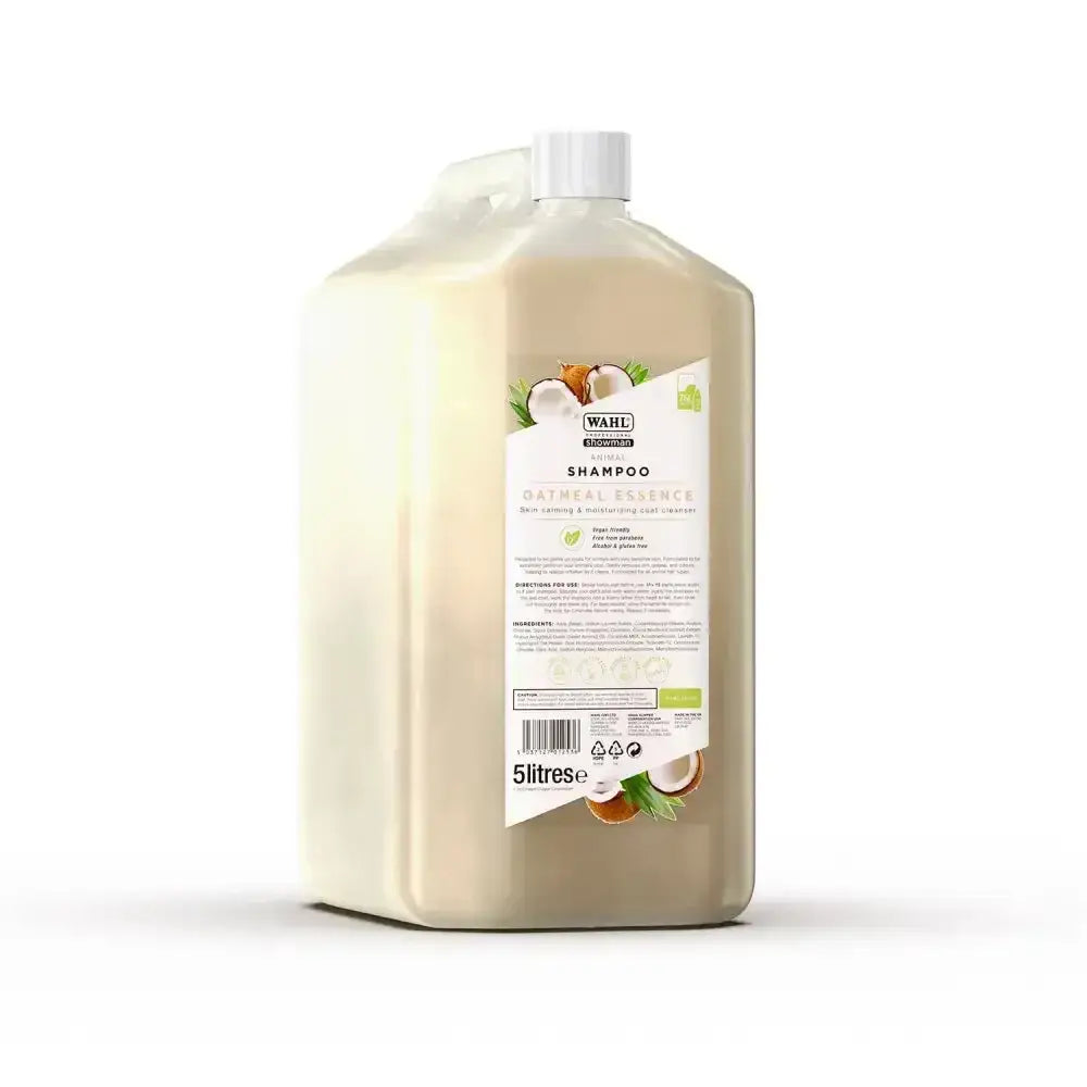 A translucent beige plastic bottle of wahl oatmeal shampoo with white cap for horse grooming and horse shampoos