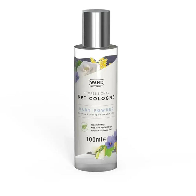 Wahl pet cologne baby powder in a clear glass 100ml bottle with silver cap and floral design perfect for pets
