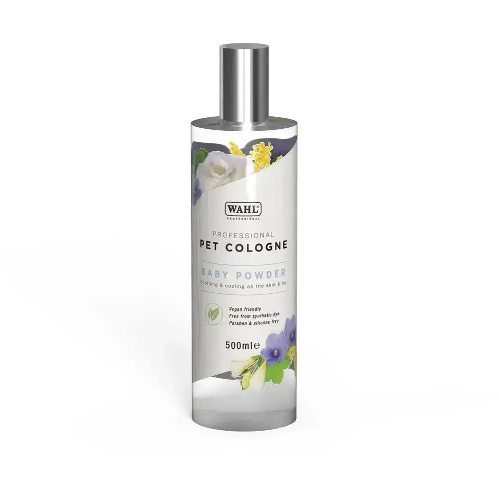 A sleek transparent 500ml wahl pet cologne baby bottle with silver cap and floral label in cologne baby powder scent