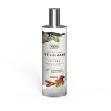 Clear glass bottle with silver cap of wahl pet cologne cherry featuring natural smelling coconut and vegan dog colognes