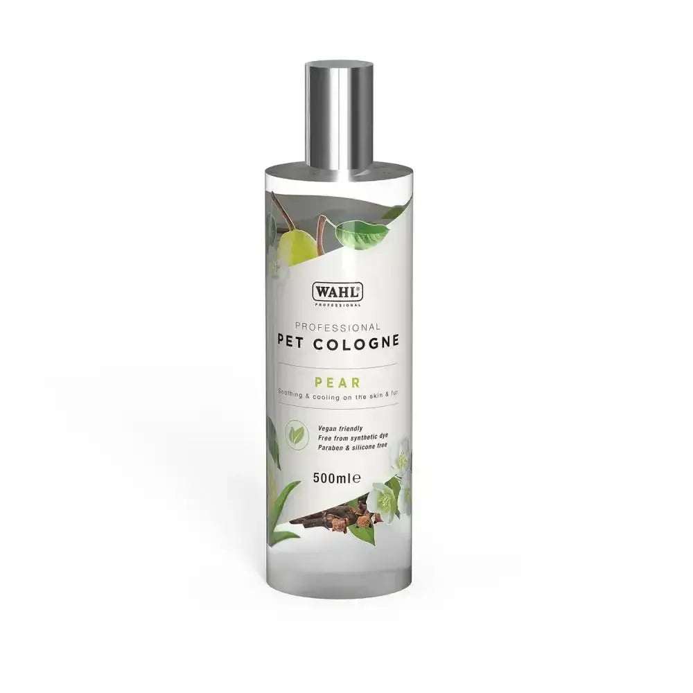 A clear glass bottle of wahl pet cologne pear scent with silver cap and natural smelling coconut for dogs 500ml