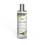 A clear glass bottle of wahl pet cologne pear scent with silver cap and natural smelling coconut for dogs 500ml