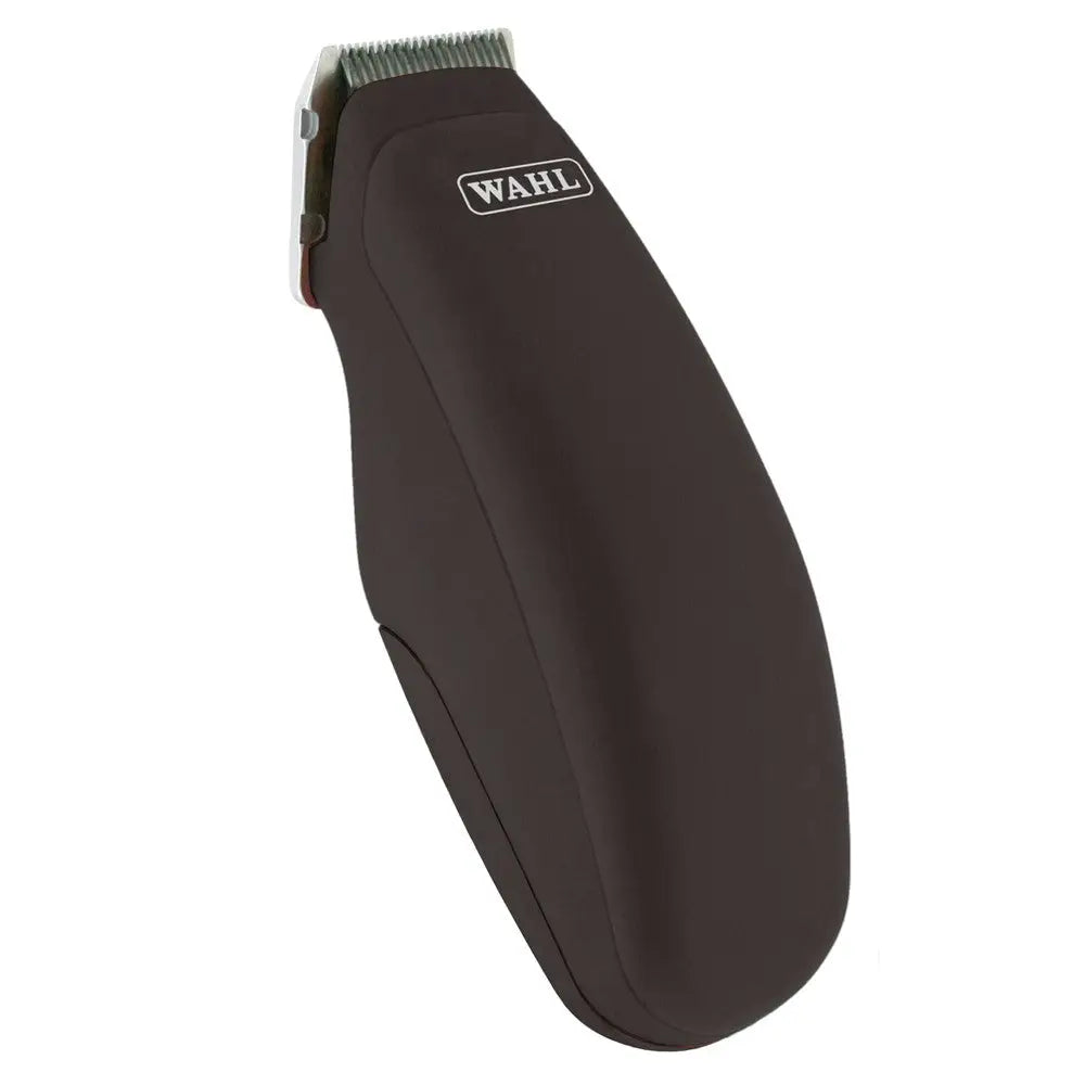 Black wahl pocket pro trimmer with metallic cutting head and ergonomic grip for precise hair trimming