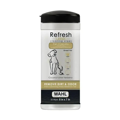 White and black cylindrical container of wahl refresh cleaning wipes dog with coconut lime verbena scent pet-friendly
