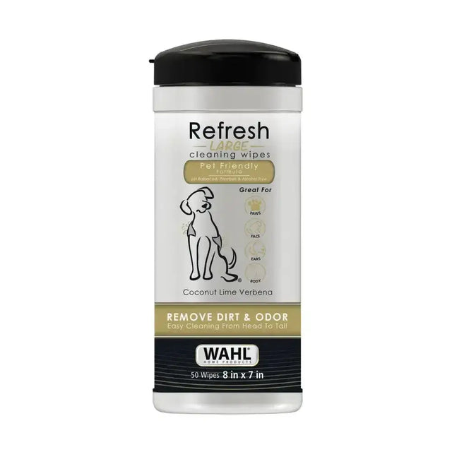 White and black cylindrical container of wahl refresh cleaning wipes dog with coconut lime verbena scent pet-friendly
