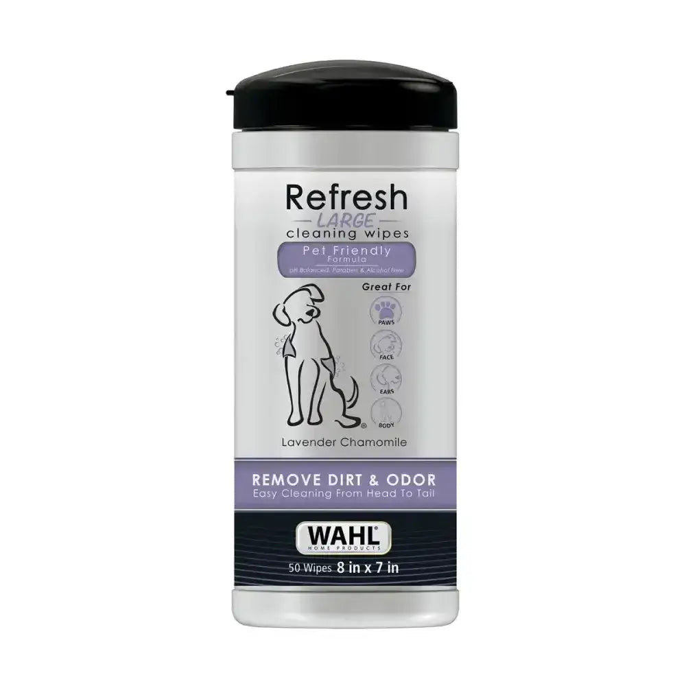 Wahl refresh cleaning wipes dog in lavender chamomile scent in clear container with black lid and purple label