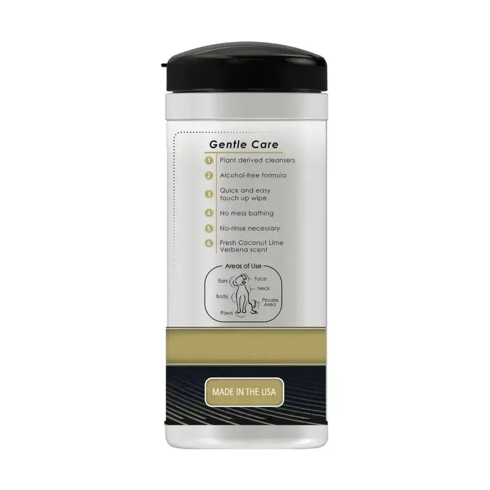 White cylindrical container with black lid and gold band labeled gentle care wahl refresh cleaning wipes dog coconut lime verbena