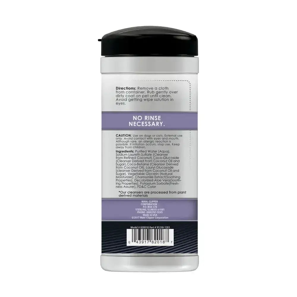 White plastic container with black lid and purple label holding wahl refresh cleaning wipes dog with coconut lime verbena scent