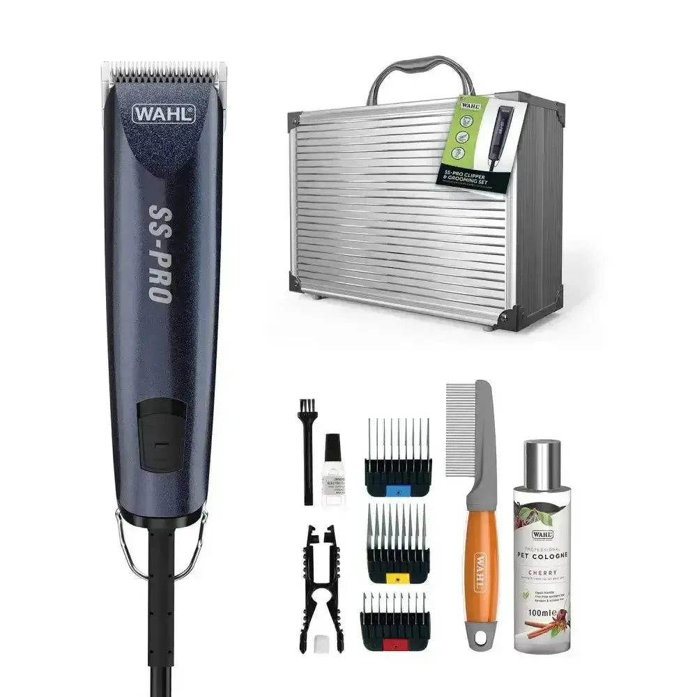 Dark blue wahl ss pro electric clipper with metallic accents and black cord for premium performance dog clipper use at home