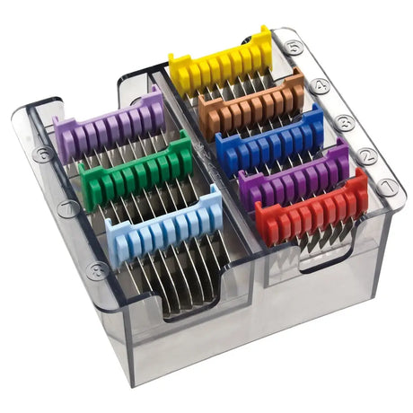 Clear plastic organizer with colorful numbered comb attachments from wahl stainless steel coloured comb set