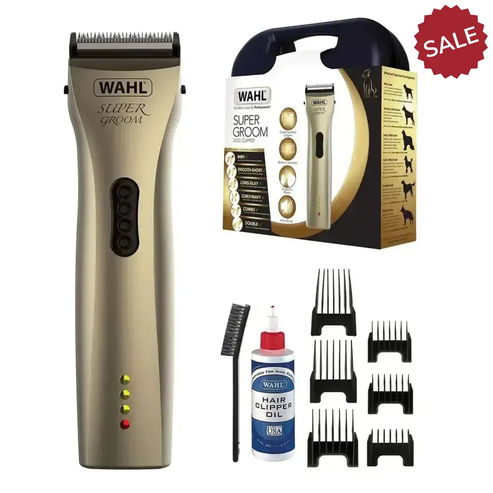 Gold-colored wahl super groom clipper with black accents and ergonomic design offering cord freedom for easy grooming