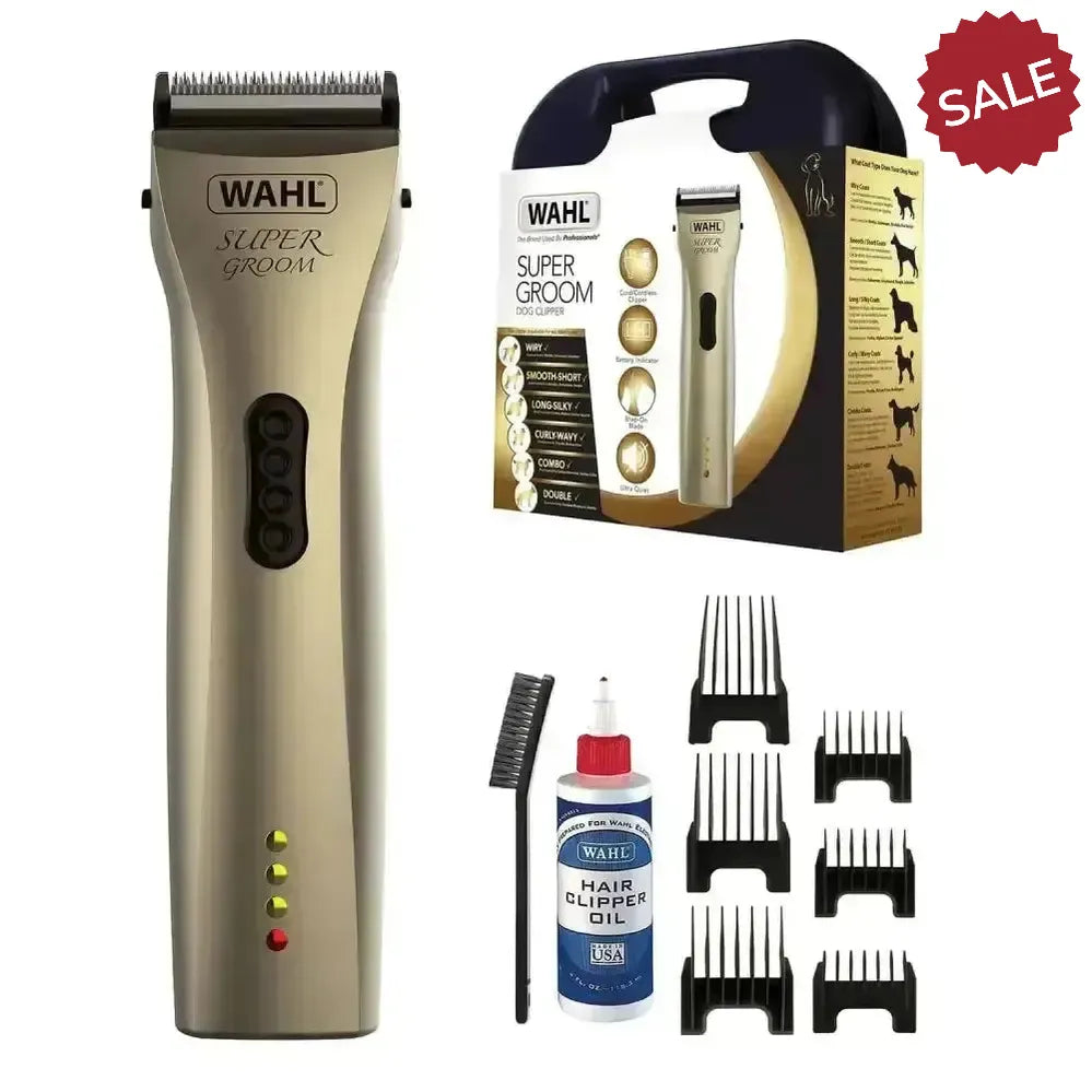 Gold wahl super groom clipper kit with black accents and combs offers cord freedom for easy pet grooming at home