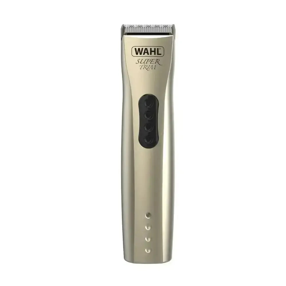 A sleek metallic gold wahl super trim pet cordless trimmer with a black power button and silver cutting blade