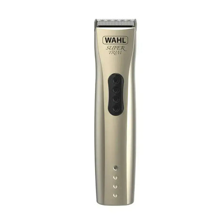 A sleek metallic gold wahl super trim pet cordless trimmer with black control panel and silver blades for grooming pets