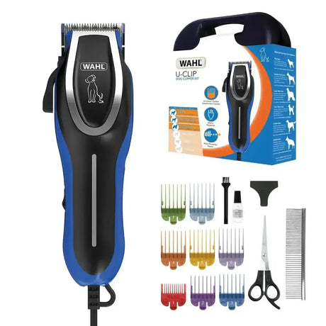 Black and blue wahl u-clip pet clipper with silver accents long lasting mains powered for easy grooming