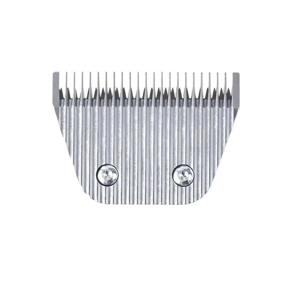 Silver metallic wahl wide blade set clipper guard with sharp teeth and two mounting screws for pet hair clippers