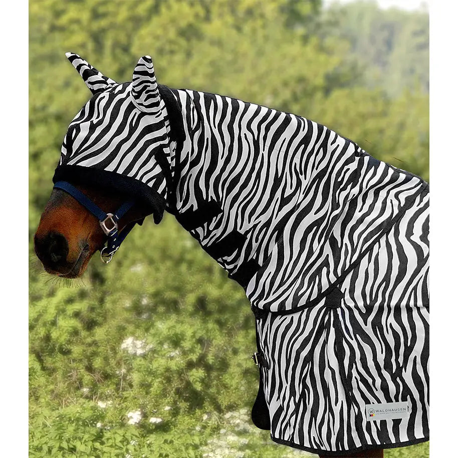 Black and white zebra-striped horse fly neck piece by walderhausen with adjustable straps for equestrian horses