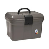 Gray plastic waldhausen grooming box with black handle and latch featuring a small circular logo sticker on the side