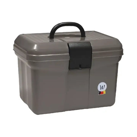 Gray plastic waldhausen grooming box with black handle and latch featuring a small circular logo sticker on the side