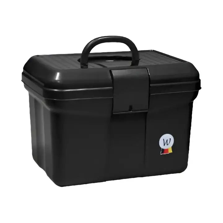 Black plastic waldhausen grooming box with sturdy handle and small circular logo for horse grooming use