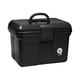 Black plastic waldhausen grooming box with sturdy handle and small circular logo for horse grooming use