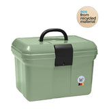 Olive green plastic waldhausen grooming box with black handle and latch featuring circular logo on the side