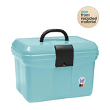 Light blue plastic waldhausen grooming box with black handle latch and circular logo on the side